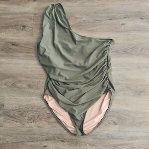 J. Crew Sage Green One-Shoulder Swimsuit